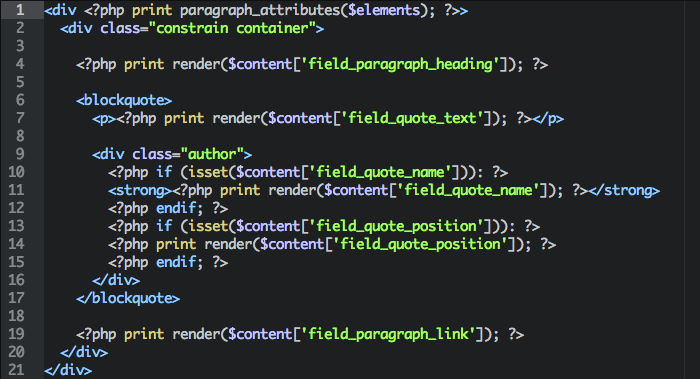 Some example template markup from paragraphs-item--quote.tpl.php