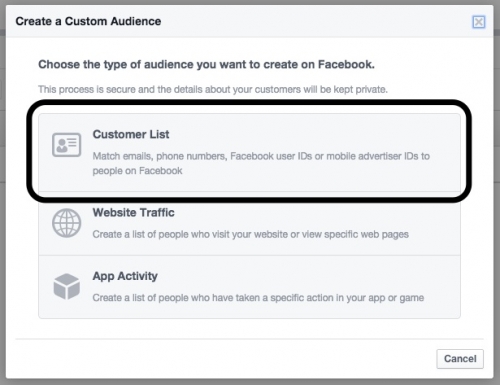 Facebook customer list of audiences option